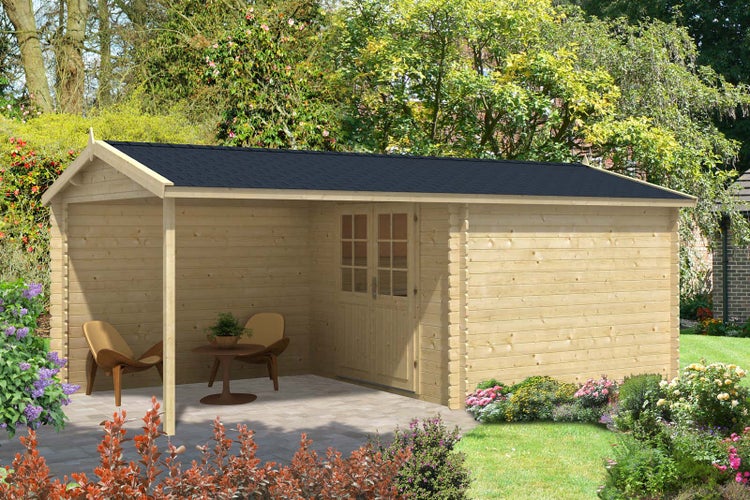 Alpholz Gartenhaus Ruben-28 Gartenhaus aus Holz in Pinie, Holzhaus mit 28 mm Wandstärke inklusive Terrasse, Blockbohlenhaus mit Montagematerial imprägniert 6x3,1m