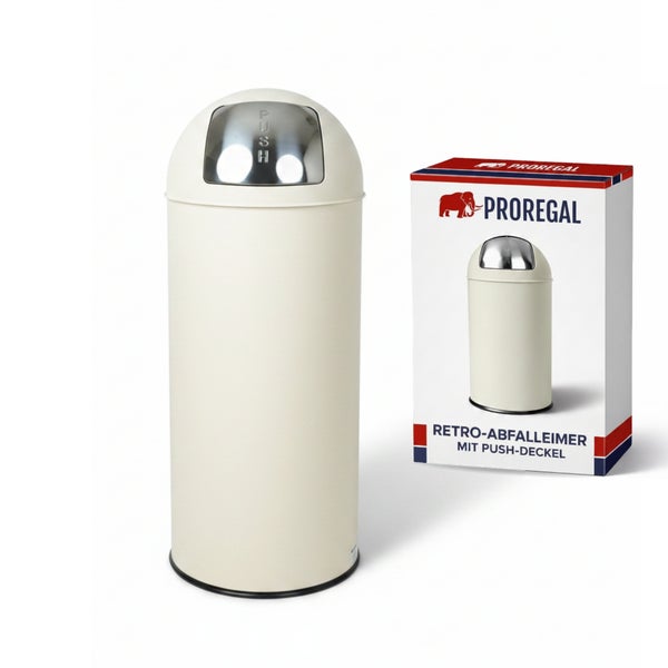 Retro-Abfalleimer von Proregal in Beige mit silberfarbenem Push-Deckel und Produktverpackung.