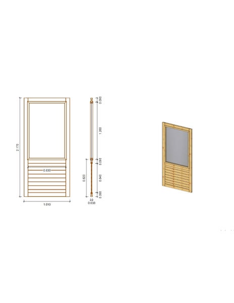 Technische Zeichnung einer Holztür mit Glaseinsatz oben und horizontalen Holzlamellen unten inklusive Maßangaben in Metern.