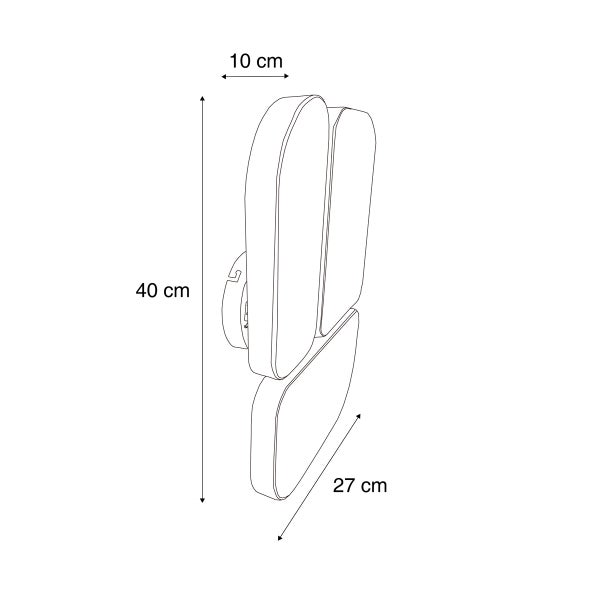 Technische Zeichnung einer Wandleuchte mit den Maßen 40 cm Höhe, 27 cm Breite und 10 cm Tiefe.