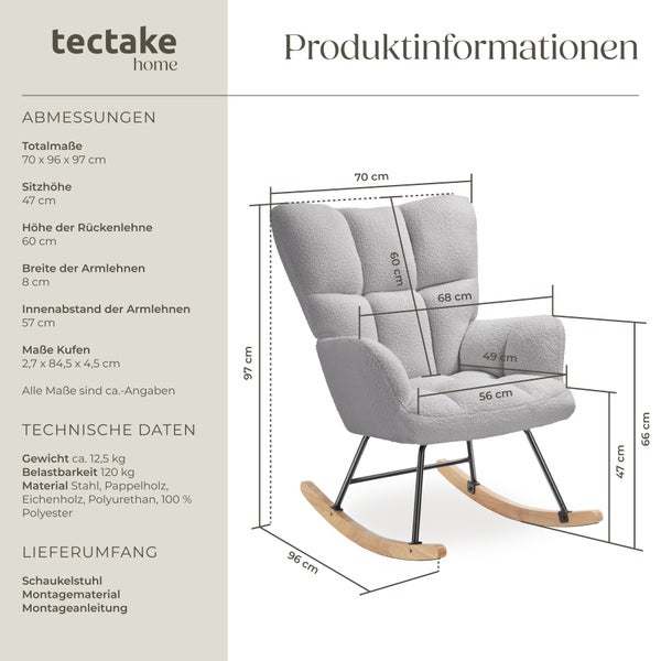 Schaukelstuhl tectake Torve 68 x 96 x 97 cm, Belastbarkeit 120 kg gepolstert mit Bouclé-Bezug, gesteppt hellgrau