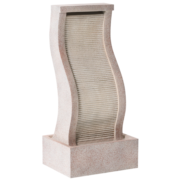 Moderner Gartenbrunnen in S-Form mit horizontalen Rillen in Steinoptik und rechteckigem Sockel.