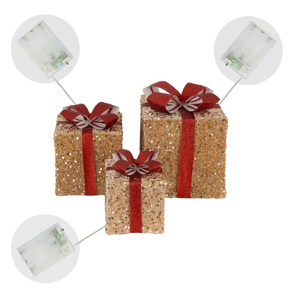 ECD Germany 3er Set LED Geschenkboxen Weihnachten mit Schleifen, Hellbraun-Rot, Warmweiß, batteriebetrieb, mit Timer, Weihnachtsdeko Geschenk Beleuchtet Weihnachtsbaum Dekoration Weihnachtsgeschenkbox