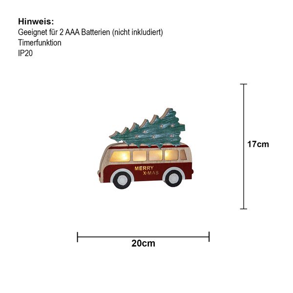 Dekorative Weihnachtsbeleuchtung in Form eines Busses mit Weihnachtsbaum, geeignet für 2 AAA Batterien, mit Timerfunktion und Schutzart IP20, circa 20 Zentimeter breit und 17 Zentimeter hoch.