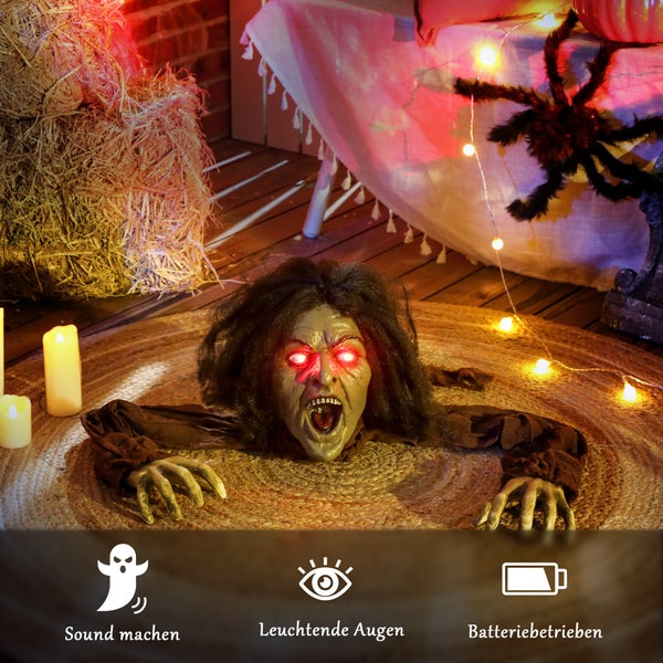 Dekorative Halloween-Szene mit einer batteriebetriebenen, soundmachenden Halloween-Figur mit leuchtenden Augen