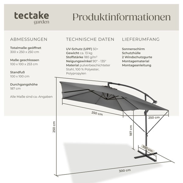 Sonnenschirm  tectake Apollon inkl. Windsicherung und Schutzhülle 250 x 250 cm  hellgrau