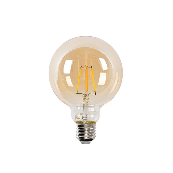 LED-Filament-Leuchtmittel in Globeform mit bernsteinfarbenem Glas und E27-Sockel.