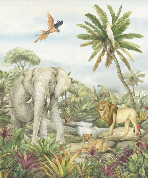 Illustration einer Dschungellandschaft mit Elefant, Löwen und Papagei