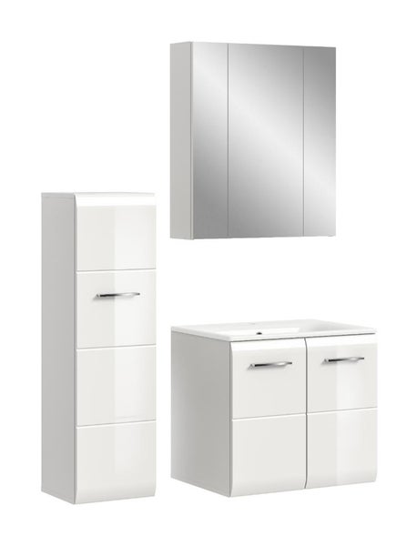 Badmöbel Set bestehend aus einem dreitürigen Spiegelschrank, einem Waschtischunterschrank inklusive Waschbecken und einem hohen Seitenschrank.