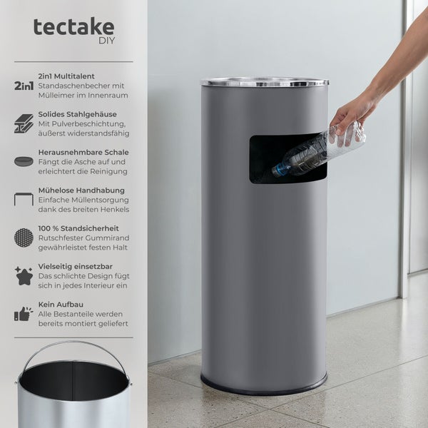 Tectake Logo. Grauer 2 in 1 Standaschenbecher und Mülleimer aus pulverbeschichtetem Stahl mit Einwurföffnung und rutschfestem Gummiboden.