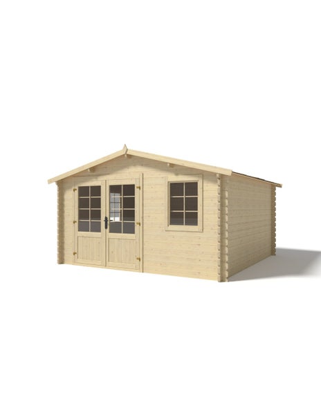 Gartenhaus aus Holz mit Satteldach, Doppeltür mit Sprossenfenstern und einem Fenster.