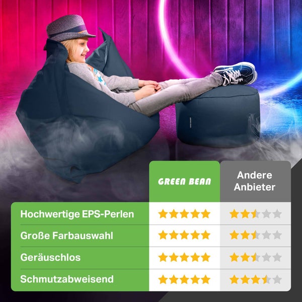 Green Bean Sitzsack-Hocker 45x25cm mit EPS-Perlen Füllung - Fußhocker Fußkissen Sitz-Pouf für Sitzsäcke - Bodenkissen für Kinder und Erwachsene - Fußablage Sitzkissen Sitzhocker Dunkelblau