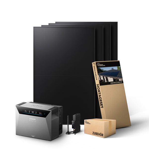 Balkonkraftwerk Komplettset inklusive Solarmodule, Anker Solix Speicher, Montageset für Ziegeldächer und Zubehör.