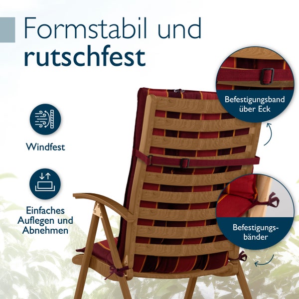 Gartenstuhlauflage mit Befestigungsbändern und verstellbarem Halteband, windfest, formstabil und einfach in der Handhabung.