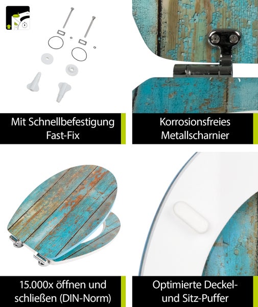 aquaSu® WC-Sitz mit Absenkautomatik, Dekor Treibholz, High-Gloss Toilettensitz mit Holzkern, Fast-Fix Schnellbefestigung, Standard O Form universal, Toilettendeckel glänzend, 401937