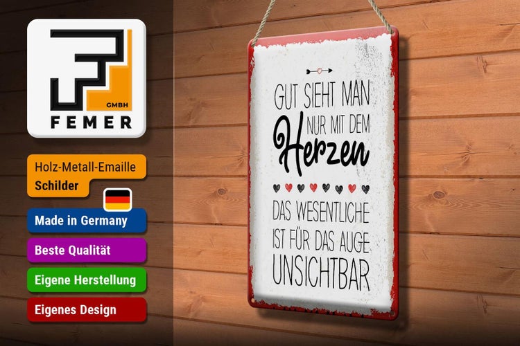 Blechschild Spruch Gut sieht man nur mit dem Herzen 20x30cm