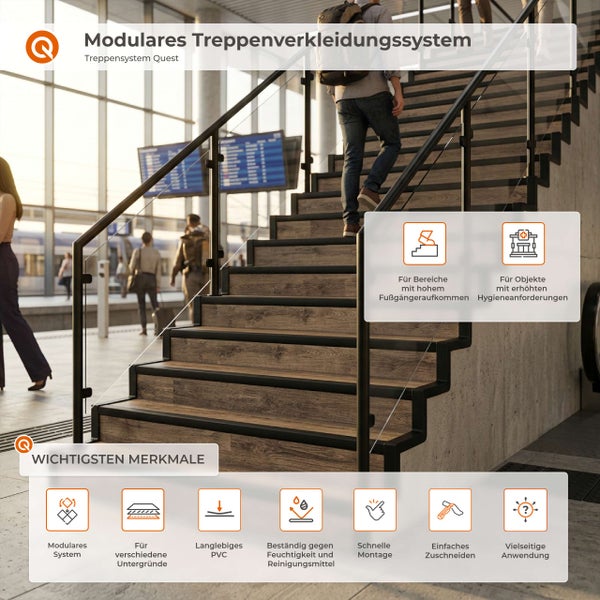 Modulares Treppenverkleidungssystem Quest mit Holzoptik Stufen und schwarzem Geländer in einem modernen öffentlichen Gebäude.