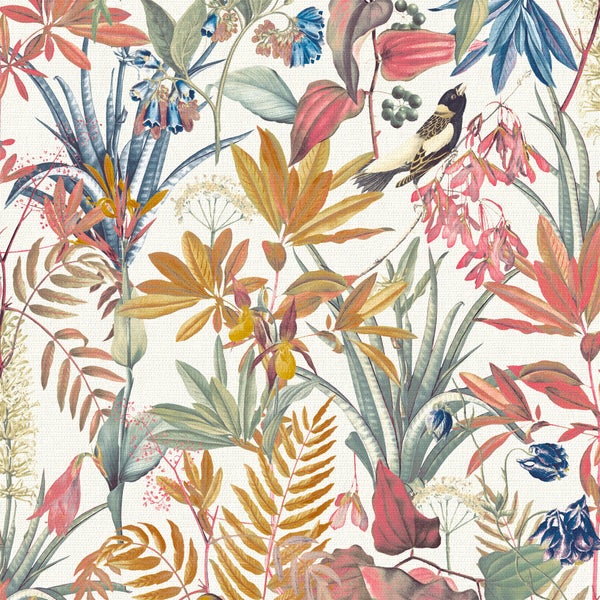 Vliestapete mit botanischem Muster bestehend aus verschiedenen Blättern, Blumen und einem Vogel im Vintage Stil