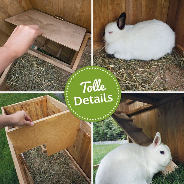 Detailansichten eines Kaninchenstalls aus Holz mit herausnehmbarer Trennwand, aufklappbarer Klappe, einer Rampe und einem weißen Kaninchen auf Stroh.