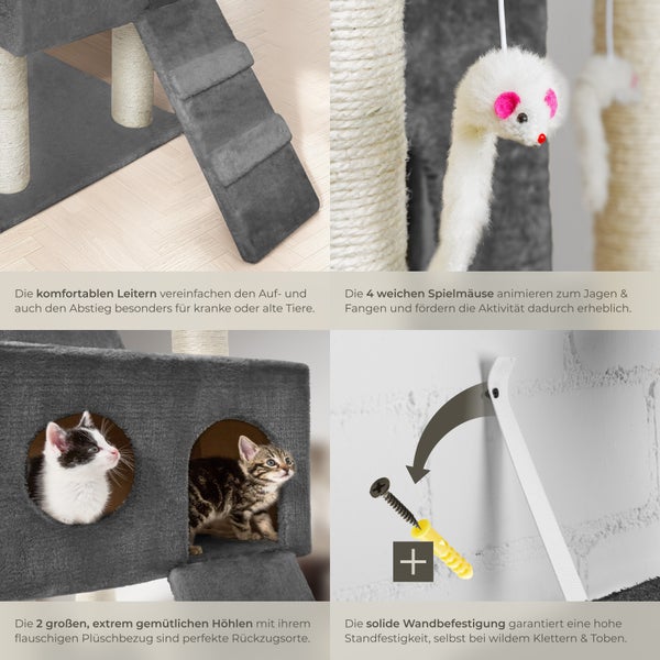 Detailansicht eines Katzenkratzbaums mit Leitern, Spielmäusen, Höhlen und Wandbefestigung