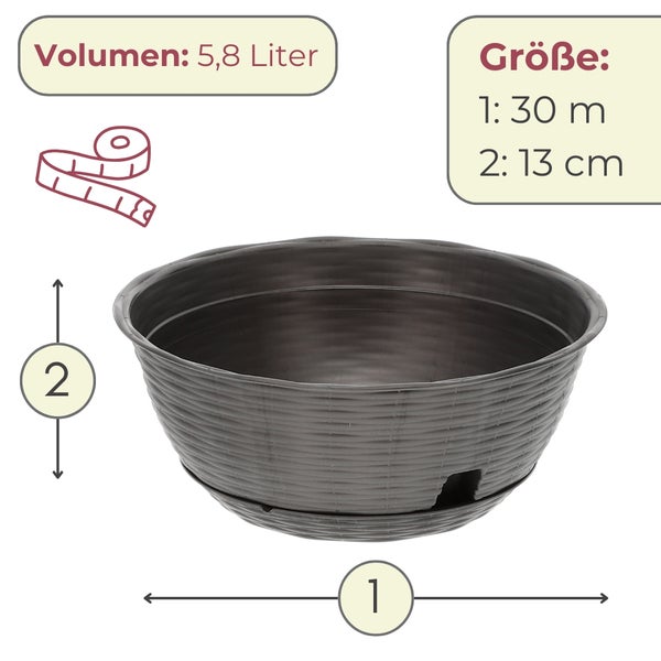 Pflanzampel mit einem Volumen von 5,8 Liter und den Maßen 30 mal 13 Zentimeter.