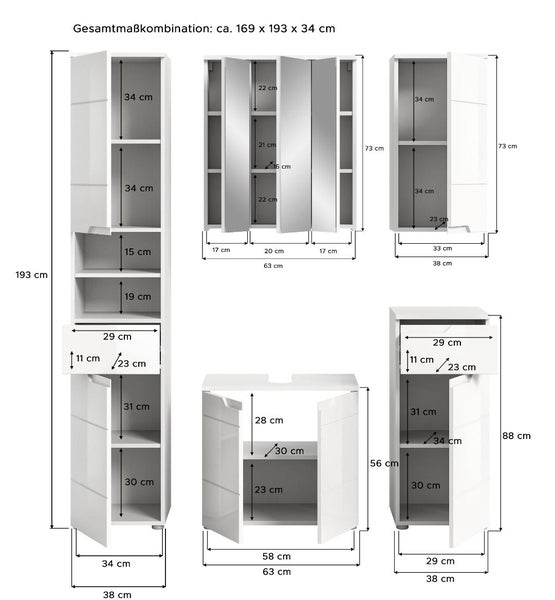Maßangaben für ein weißes Badezimmermöbel-Set bestehend aus Hochschrank, Spiegelschrank, Hängeschrank, Waschbeckenunterschrank und Unterschrank.