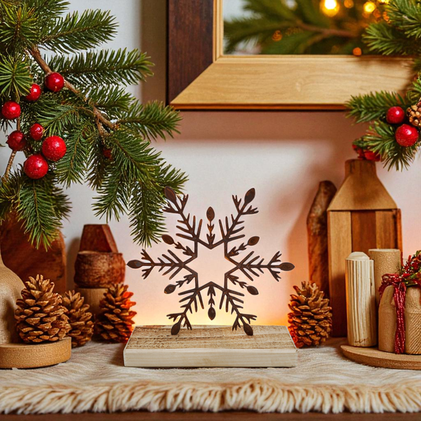 Weihnachtsdekoration aus einer filigranen Schneeflocke aus Metall auf einem Holzsockel, umgeben von Tannenzapfen und weihnachtlicher Dekoration.