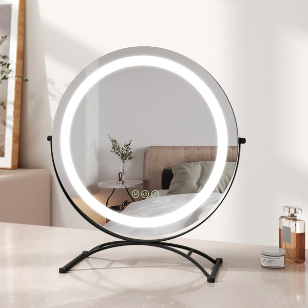 EMKE Kosmetikspiegel mit Beleuchtung ф40cm, Tisch-Standspiegel, mit Touchschalter & Memory-Funktion, 3 dimmbare Lichtfarben, 360° drehbar, bohrfrei, Schwarz