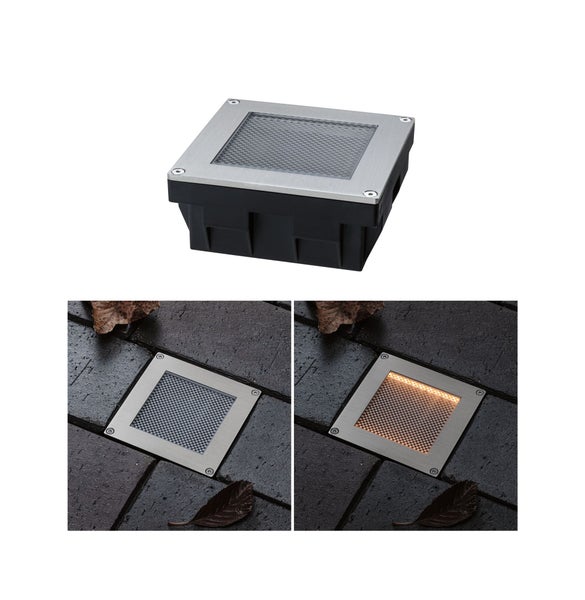Quadratischer Bodeneinbaustrahler für außen mit Edelstahlrahmen und strukturiertem Glas, gezeigt im ausgeschalteten und eingeschalteten Zustand.