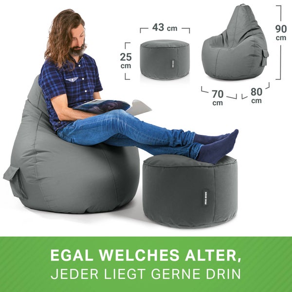 Green Bean 2er Set Sitzsack + Hocker - fertig befüllt - robust waschbar schmutzabweisend - Kinder & Erwachsene Bean Bag Bodenkissen Lounge Sitzhocker Relax-Sessel Gamer Gamingstuhl Pouf - Grau