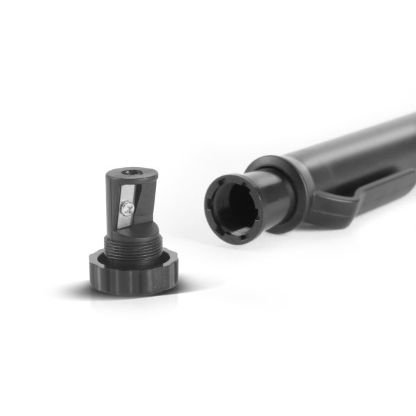 Multifunktionales Anreißwerkzeug aus Kunststoff und Metall mit verstellbarem Arm, inklusive Anspitzer und Anwendungsbeispiel.