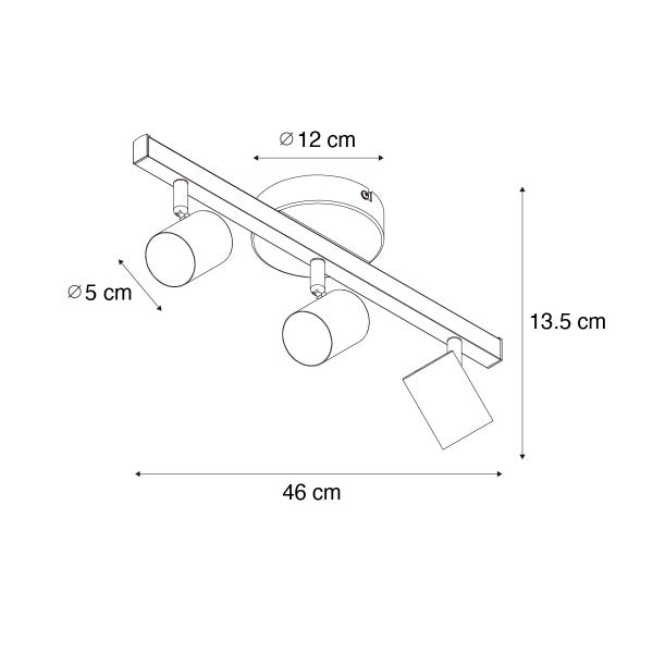 Abmessungen einer Deckenleuchte mit drei Strahlern
