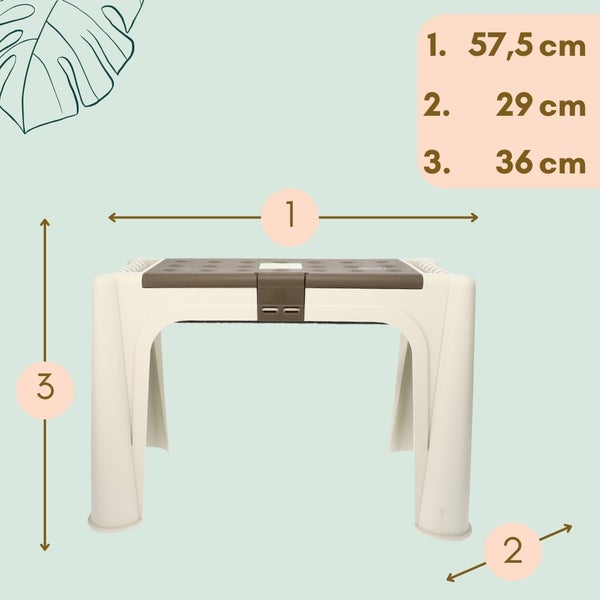 Abmessungen eines Tritthockers mit einer Länge von 57,5 cm, einer Breite von 29 cm und einer Höhe von 36 cm.