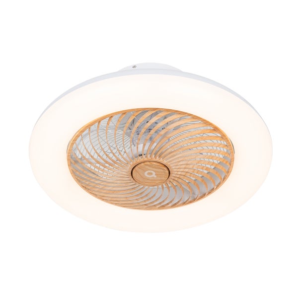 Runder Deckenventilator mit weißem LED-Lichtring und spiralförmigem Schutzgitter in Holzoptik.