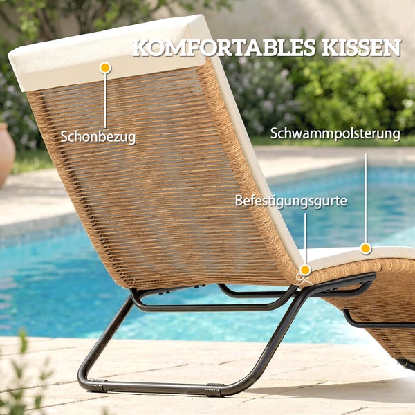 Gartenliege mit komfortablem Kissen, Schaumstoffpolsterung, Schonbezug und Befestigungsgurten am Pool.