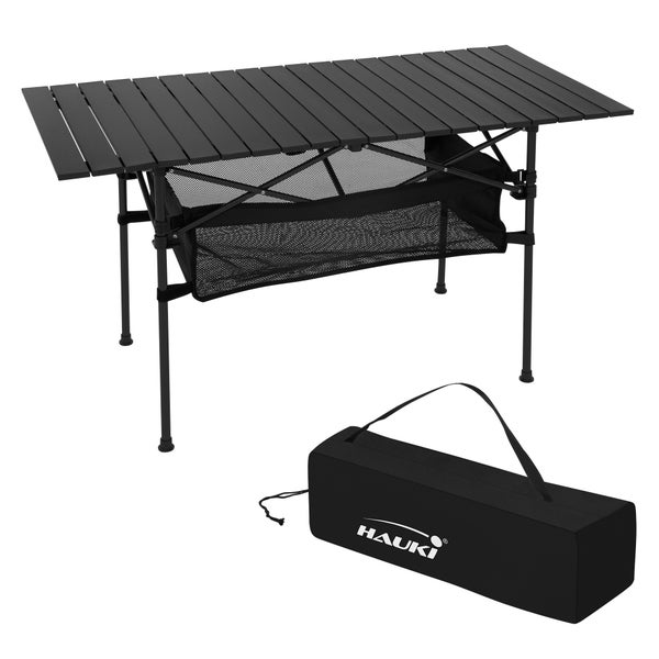 Hauki Campingtisch faltbar Schwarz, 118 x 55 x 64,5 cm, Aluminium Klapptisch, Aufrollbare Tischplatte, Falttisch klappbar, Gartentisch Balkontisch Reisetisch Rolltisch Markttisch inkl. Tragetasche