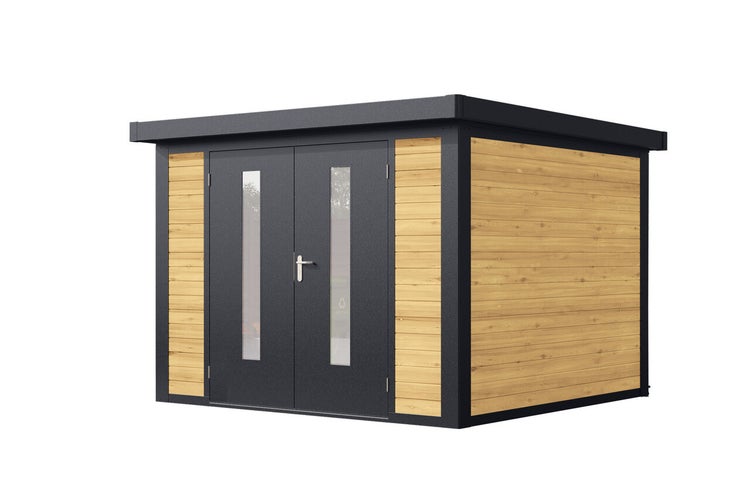 Modernes Gartenhaus mit Flachdach und Doppeltür mit Glaseinsätzen, Wände aus Holz mit Metallrahmen.