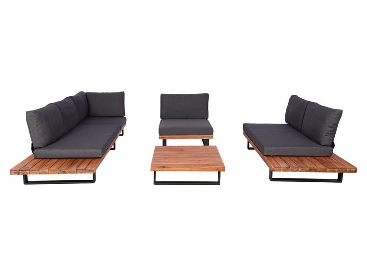 Vierteiliges Lounge-Set aus Holz und Metall mit grauen Polstern, bestehend aus Ecksofa, Sessel, Seitenelement und Tisch.
