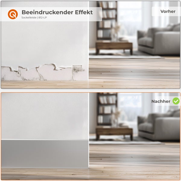 Vorher-Nachher-Vergleich einer Sockelleiste, die einen Wandbereich renoviert