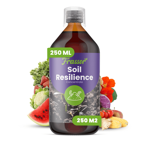 Frassor Soil Resilience Konzentrat, 250 Milliliter Flasche für 250 Quadratmeter, Bodenverbesserer umgeben von Obst, Gemüse und Blumen.