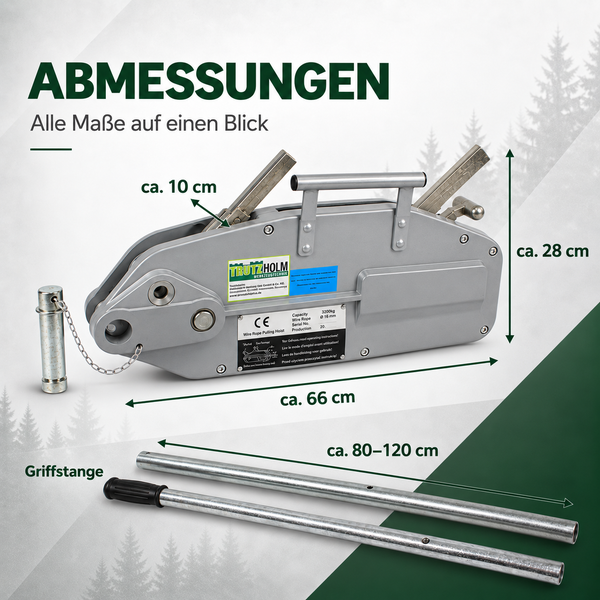 Trutzholm Forstseilwinde mit 3200 Kilogramm Zugkraft, 20 Meter Spezialseil mit 16 Millimeter Durchmesser und Zubehör für Forstarbeiten.