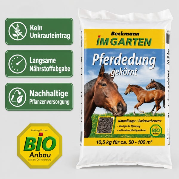 Beckmann Pferdedung gekörnt Naturdünger und Bodenverbesserer für den biologischen Anbau, 10,5 Kilogramm Sack.