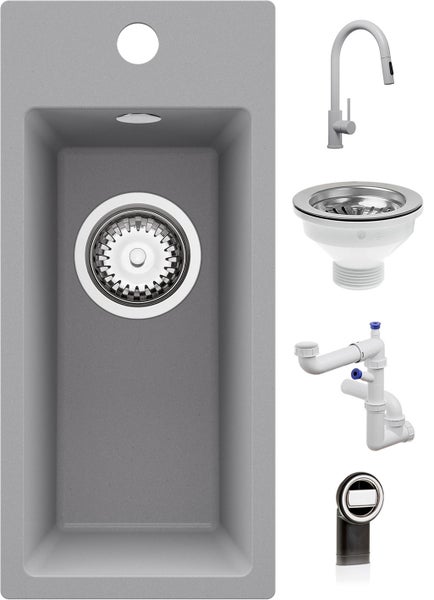 Einbauspüle aus Verbundwerkstoff inklusive Küchenarmatur, Siebkorbventil, Siphon und Überlaufgarnitur.