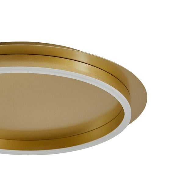 Nahaufnahme einer runden, goldfarbenen LED-Deckenleuchte mit einem weißen Lichtring.