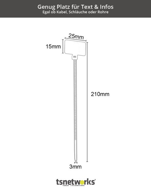 100 Stk. Kabelbinder mit Beschriftungsfeld quer 2,5 cm x 1,5 cm, Länge 21 cm, transparent, für Rohrbeschriftung, Kabelmarkierung, Schlauchmarkierung