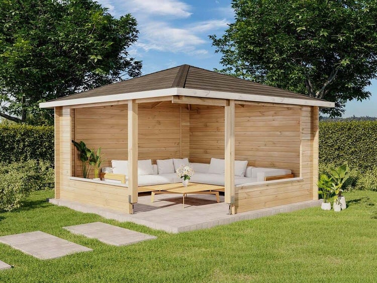 Alpholz 5-Eck Gartenlaube Maik-40 Gartenlaube aus Holz, Blockhaus Holzhaus mit Montagematerial, Naturbelassen 4,3x4,3m