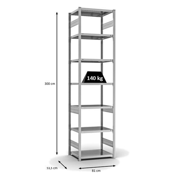 PROREGAL Fachbodenregal Stecksystem T-Profil Light-Duty Grundregal HxBxT 300 x 75 x 50 cm 7 Ebenen Fachlast 140 kg Beidseitig Nutzbar Verzinkt