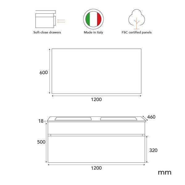 Technische Zeichnung eines Waschtischunterschranks mit Softclose Schubladen, hergestellt in Italien aus FSC zertifizierten Holzwerkstoffen.