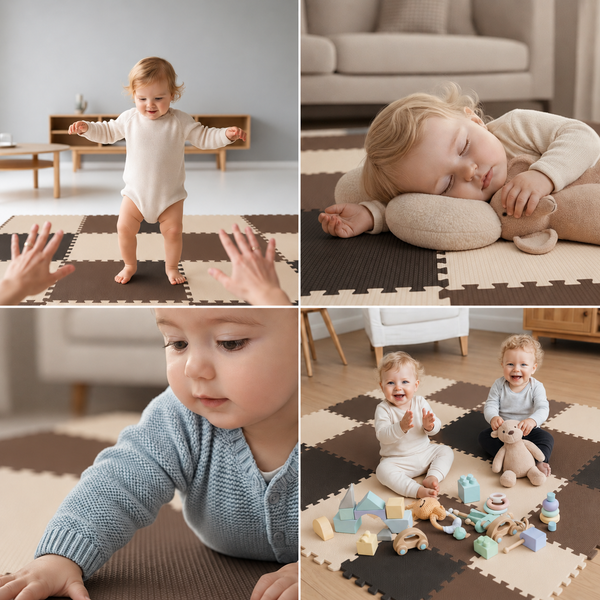 Kind spielt auf einer weichen Puzzlematte aus Schaumstoff in einem Wohnzimmer, ideal als Bodenbelag und Krabbelunterlage für Kleinkinder.