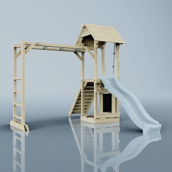 Holzspielplatz mit Rutsche, Leiter und Kletterstange